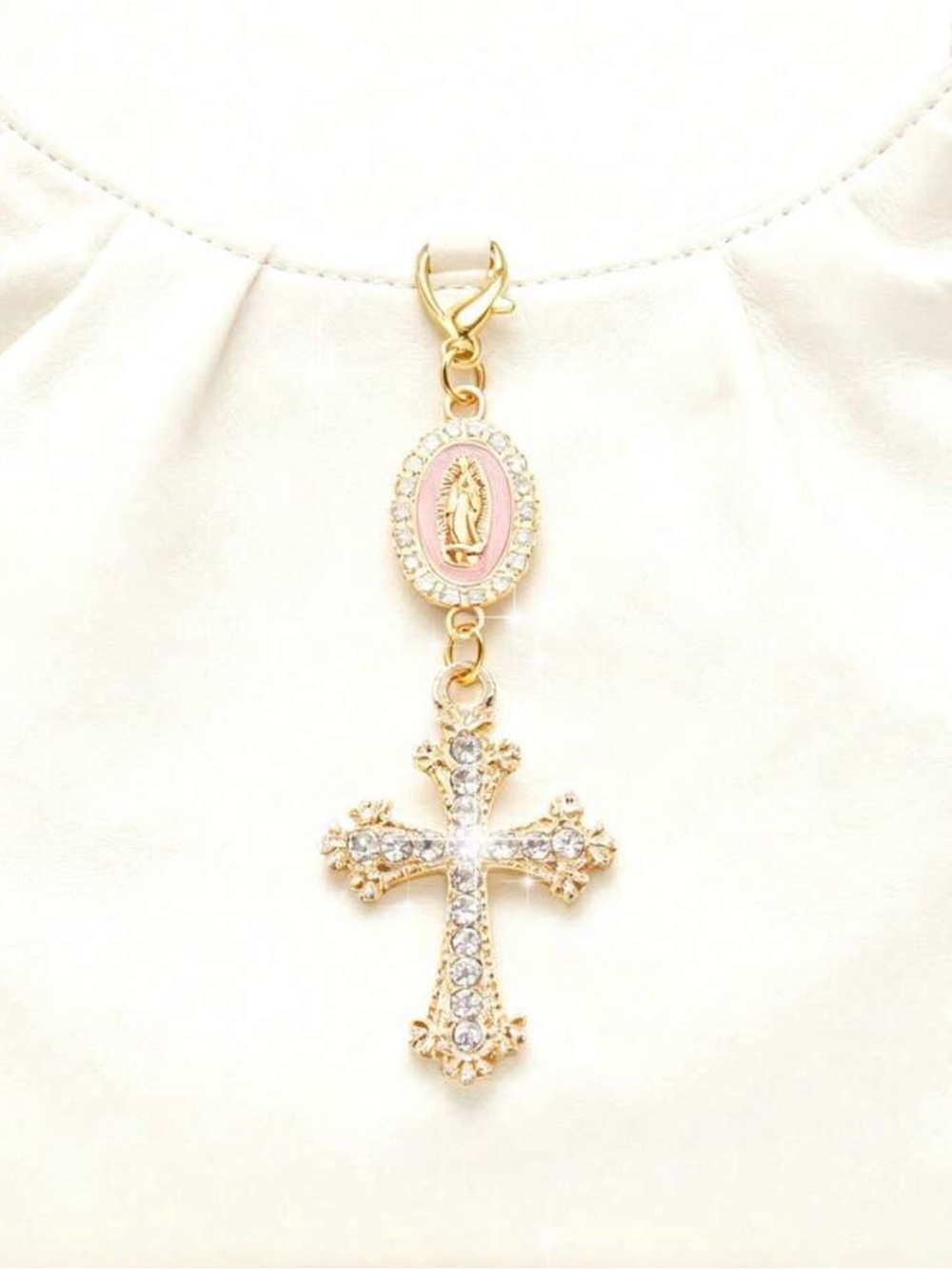 Gold Rhinestone Cross Pendant with Pink Medallion